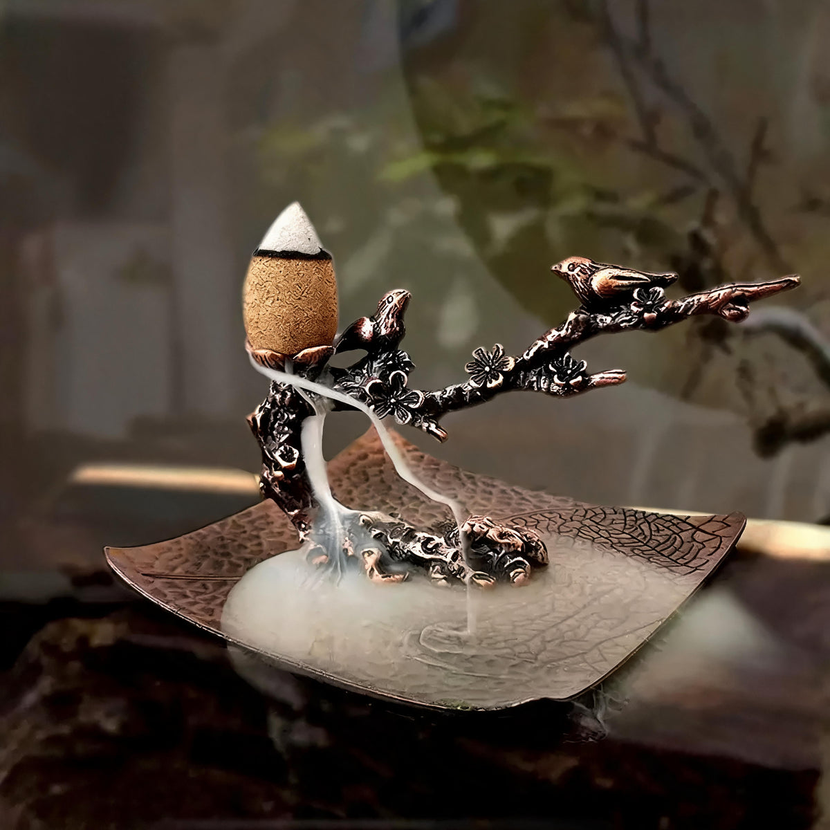 Metal Plum-Branch Backflow Incense Burner — Zen Waterfall Smoke Holder with Copper Bodhi-Leaf Plate (Cones Not Included)