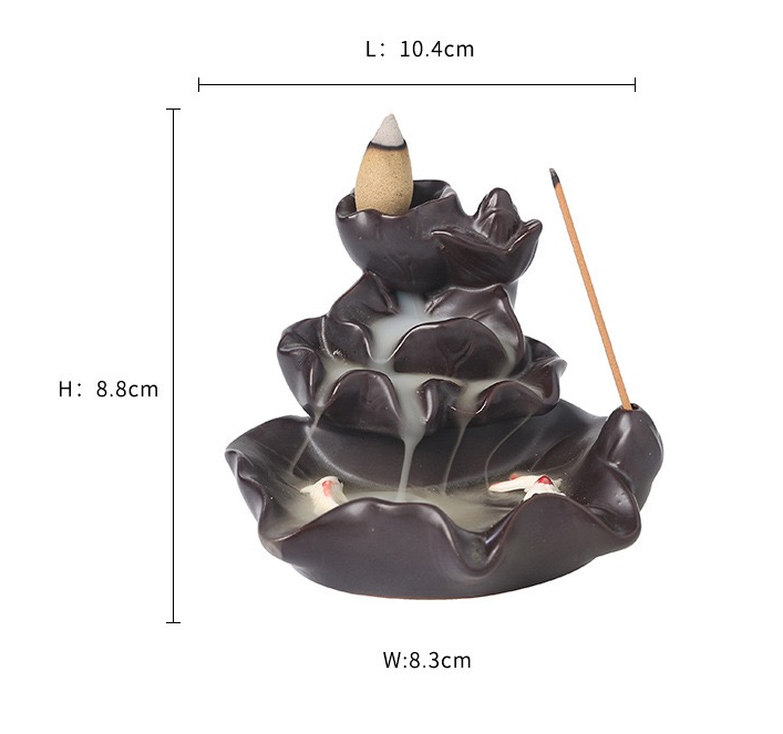Ceramic Lotus & Double Fish Backflow Incense Burner — Lotus Pond Waterfall Smoke Incense Holder (Cones Not Included)