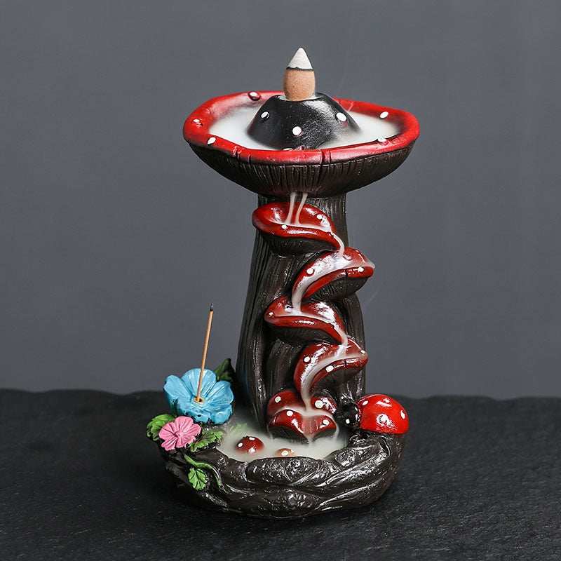 Mushroom Resin Backflow Incense Burner — Fairy Garden Waterfall Smoke Incense Holder (Cones Not Included)