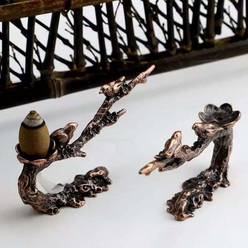 Metal Plum-Branch Backflow Incense Burner — Zen Waterfall Smoke Holder with Copper Bodhi-Leaf Plate (Cones Not Included)