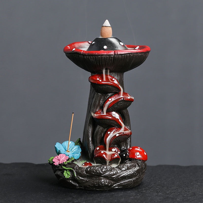 Mushroom Resin Backflow Incense Burner — Fairy Garden Waterfall Smoke Incense Holder (Cones Not Included)