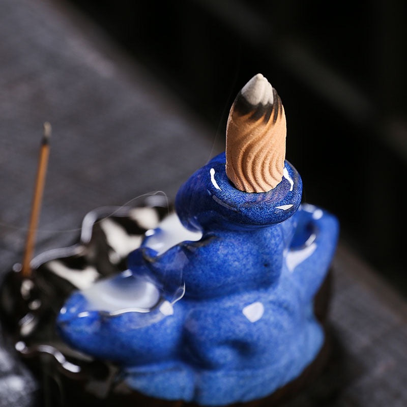 Blue Ceramic Lotus Backflow Incense Burner — Zen Waterfall Smoke Incense Holder (Cones Not Included)