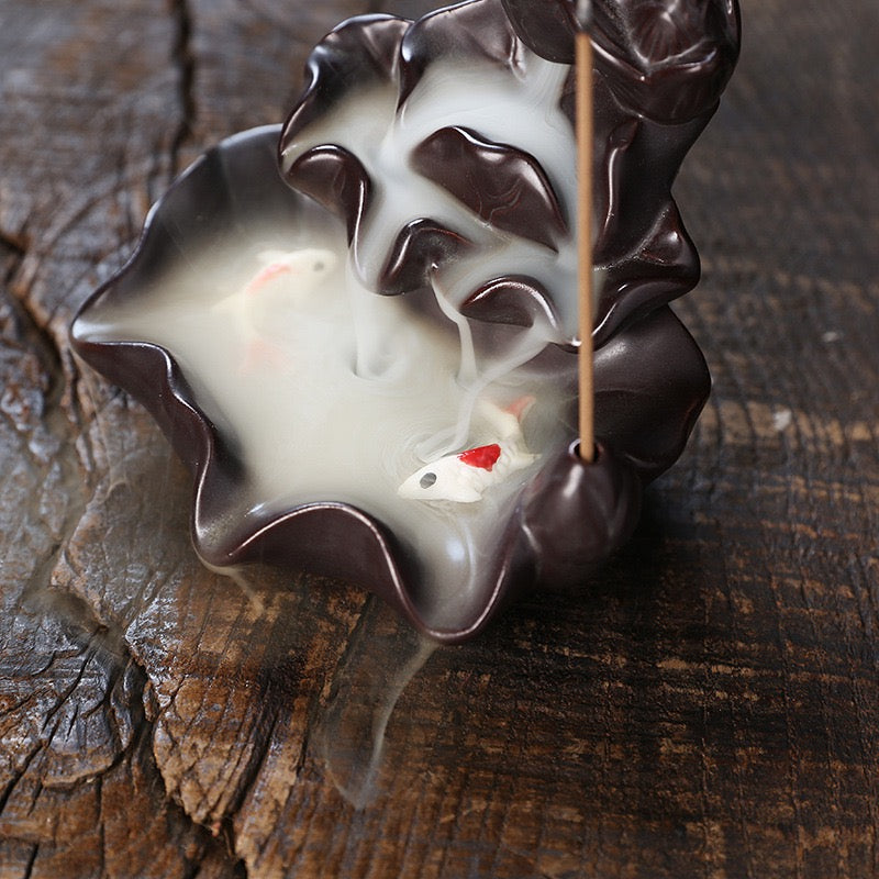 Ceramic Lotus & Double Fish Backflow Incense Burner — Lotus Pond Waterfall Smoke Incense Holder (Cones Not Included)
