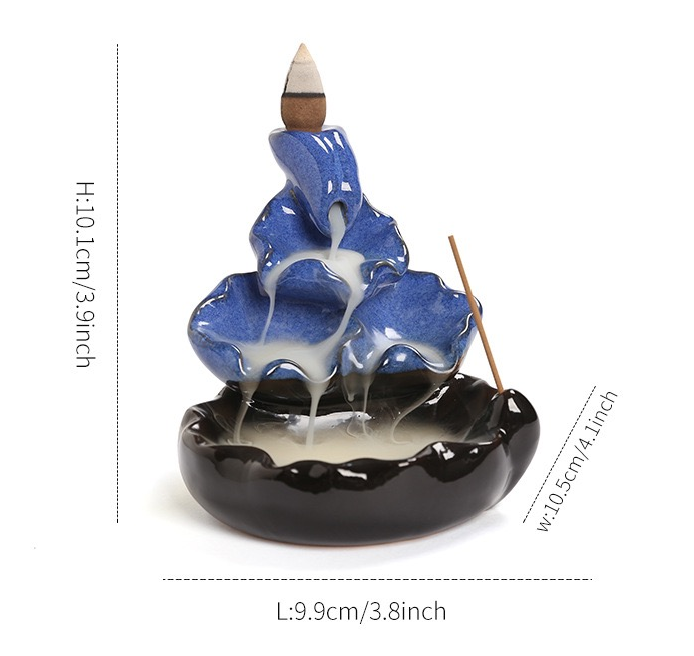 Blue Ceramic Lotus Backflow Incense Burner — Zen Waterfall Smoke Incense Holder (Cones Not Included)