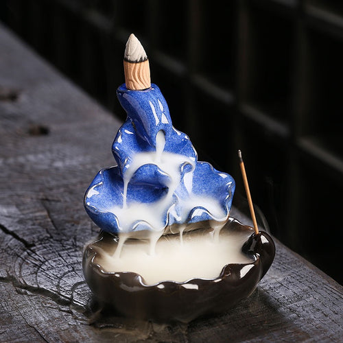 Blue Ceramic Lotus Backflow Incense Burner — Zen Waterfall Smoke Incense Holder (Cones Not Included)