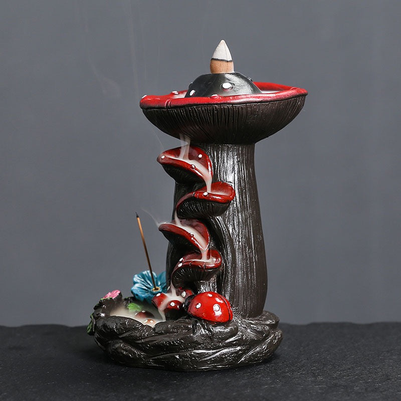 Mushroom Resin Backflow Incense Burner — Fairy Garden Waterfall Smoke Incense Holder (Cones Not Included)
