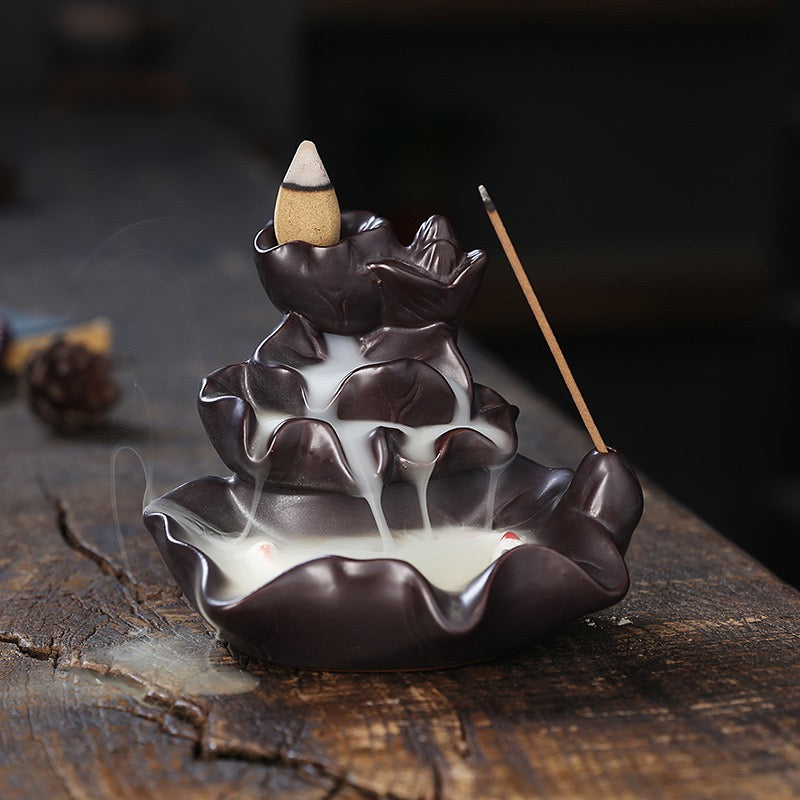Ceramic Lotus & Double Fish Backflow Incense Burner — Lotus Pond Waterfall Smoke Incense Holder (Cones Not Included)