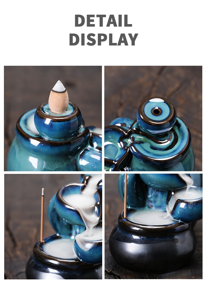 Blue Ceramic Tea Cup Backflow Incense Burner — Waterfall Smoke Incense Holder (Cones Not Included)