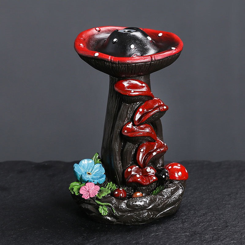 Mushroom Resin Backflow Incense Burner — Fairy Garden Waterfall Smoke Incense Holder (Cones Not Included)