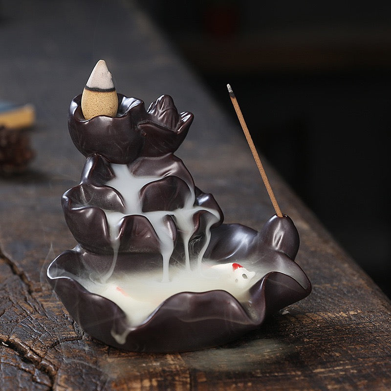 Ceramic Lotus & Double Fish Backflow Incense Burner — Lotus Pond Waterfall Smoke Incense Holder (Cones Not Included)