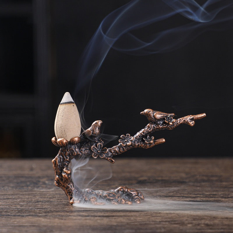 Metal Plum-Branch Backflow Incense Burner — Zen Waterfall Smoke Holder with Copper Bodhi-Leaf Plate (Cones Not Included)