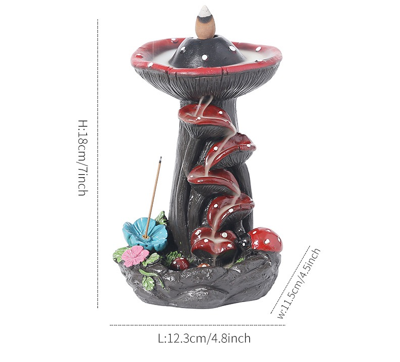 Mushroom Resin Backflow Incense Burner — Fairy Garden Waterfall Smoke Incense Holder (Cones Not Included)