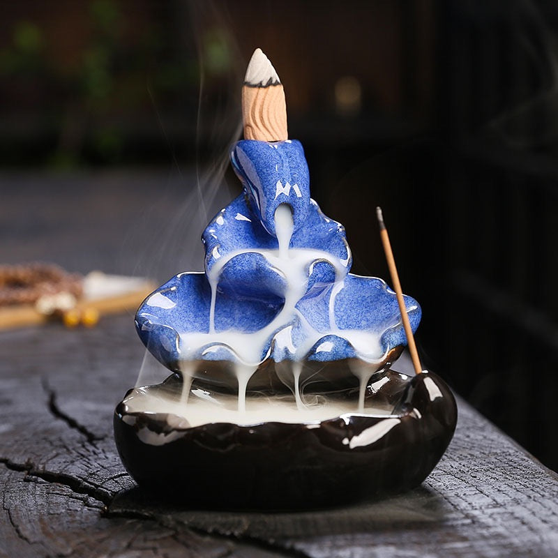 Blue Ceramic Lotus Backflow Incense Burner — Zen Waterfall Smoke Incense Holder (Cones Not Included)