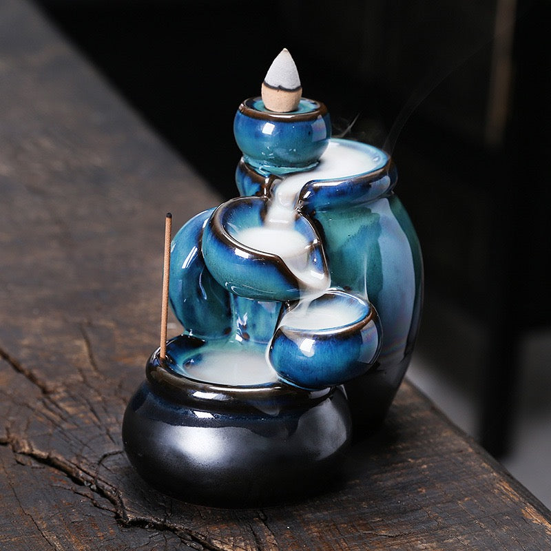 Blue Ceramic Tea Cup Backflow Incense Burner — Waterfall Smoke Incense Holder (Cones Not Included)