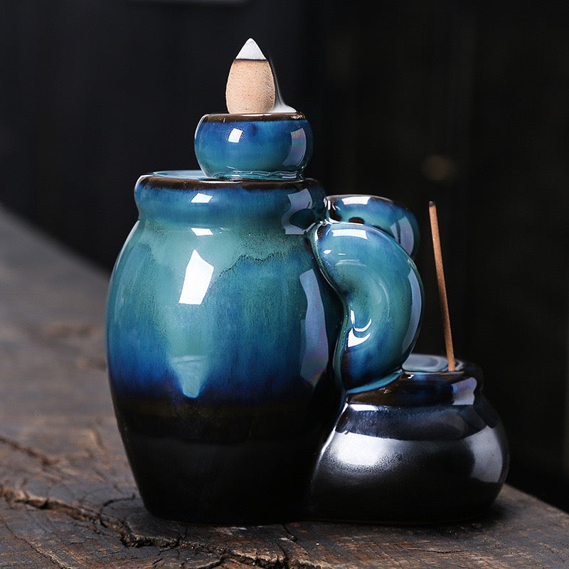 Blue Ceramic Tea Cup Backflow Incense Burner — Waterfall Smoke Incense Holder (Cones Not Included)