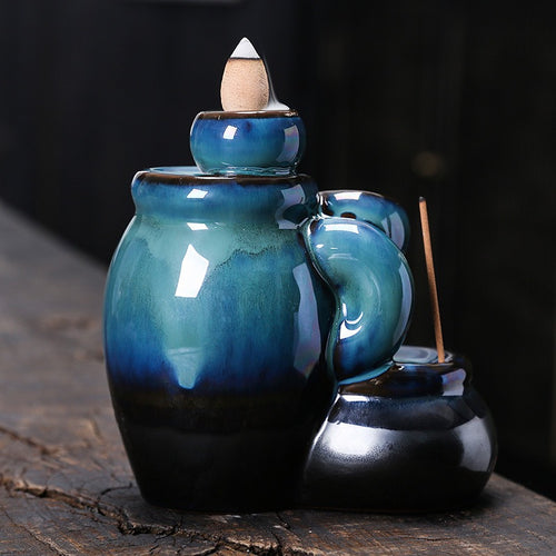 Blue Ceramic Tea Cup Backflow Incense Burner — Waterfall Smoke Incense Holder (Cones Not Included)