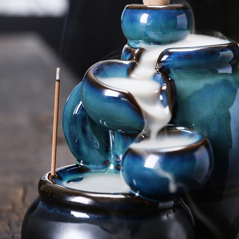 Blue Ceramic Tea Cup Backflow Incense Burner — Waterfall Smoke Incense Holder (Cones Not Included)