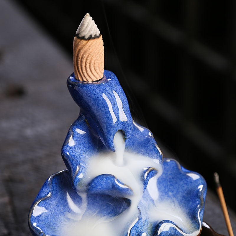 Blue Ceramic Lotus Backflow Incense Burner — Zen Waterfall Smoke Incense Holder (Cones Not Included)