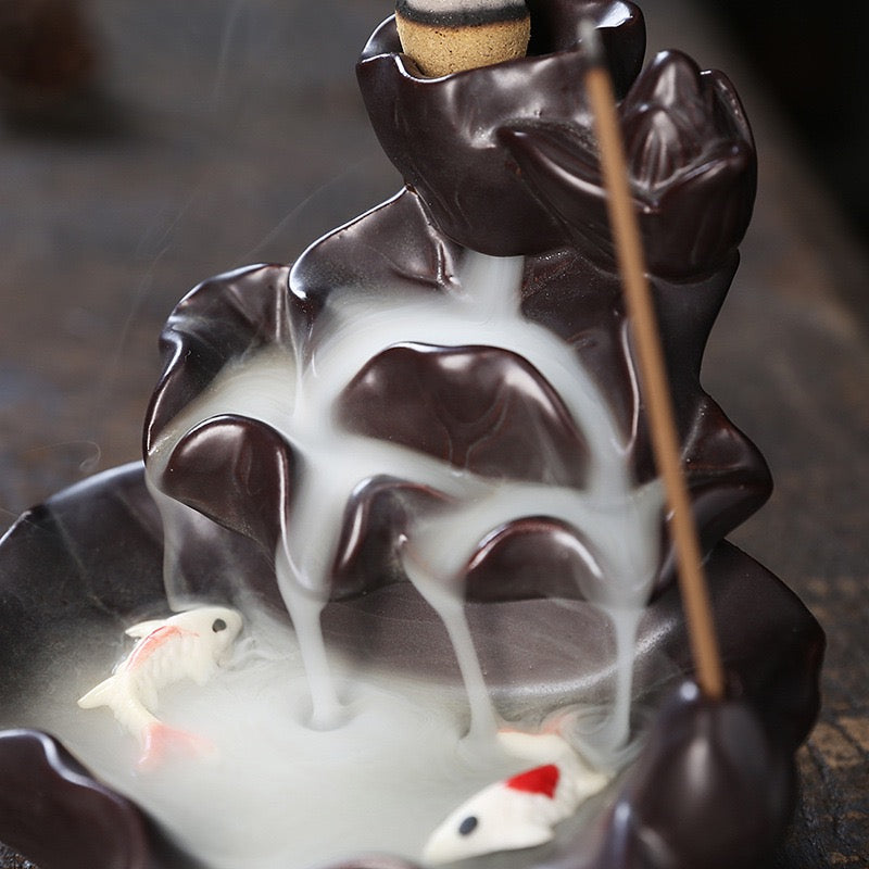 Ceramic Lotus & Double Fish Backflow Incense Burner — Lotus Pond Waterfall Smoke Incense Holder (Cones Not Included)