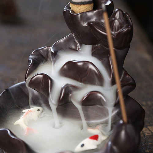 Ceramic Lotus & Double Fish Backflow Incense Burner — Lotus Pond Waterfall Smoke Incense Holder (Cones Not Included)