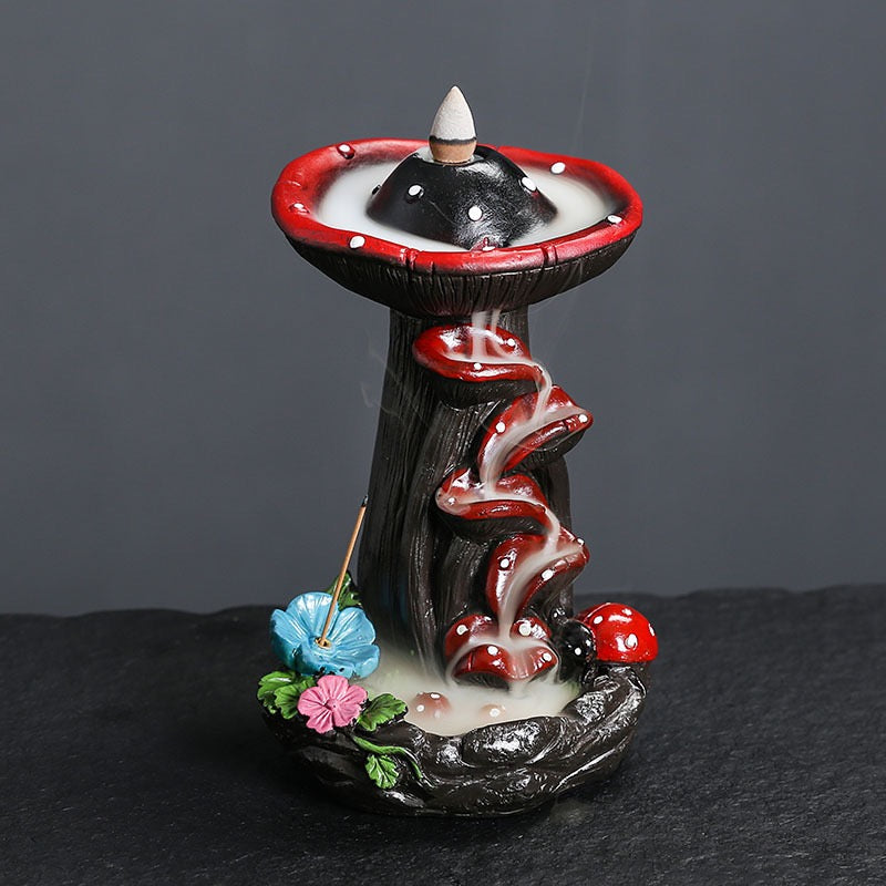 Mushroom Resin Backflow Incense Burner — Fairy Garden Waterfall Smoke Incense Holder (Cones Not Included)