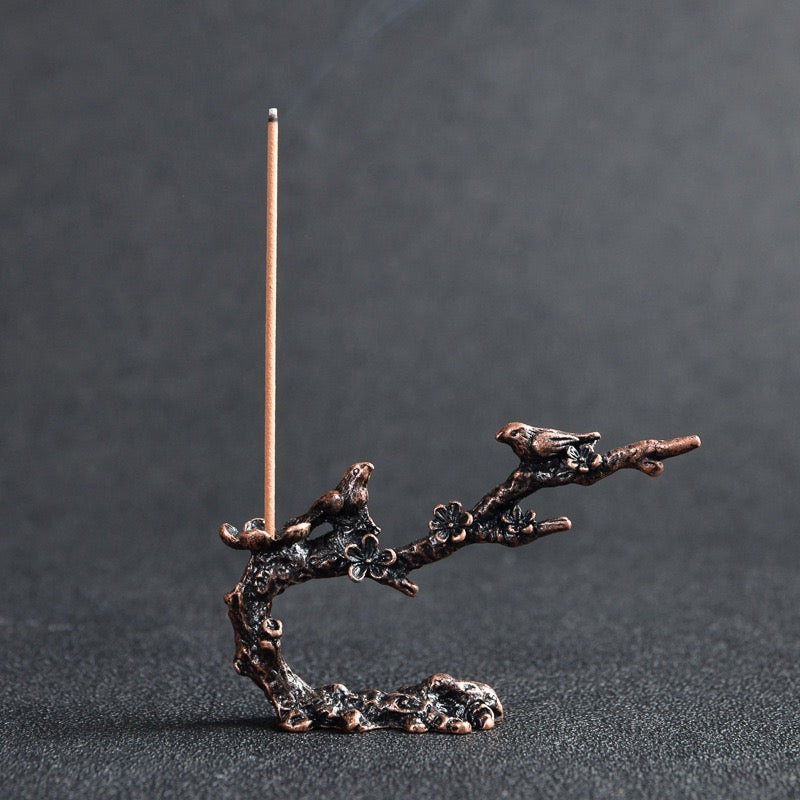 Metal Plum-Branch Backflow Incense Burner — Zen Waterfall Smoke Holder with Copper Bodhi-Leaf Plate (Cones Not Included)