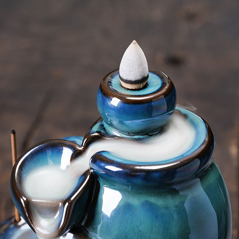 Blue Ceramic Tea Cup Backflow Incense Burner — Waterfall Smoke Incense Holder (Cones Not Included)